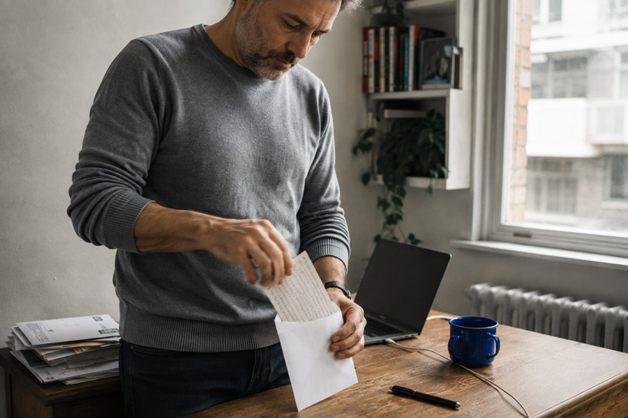 Man folding a handwritten recovery code into an envelope beside an open laptop at a home desk.