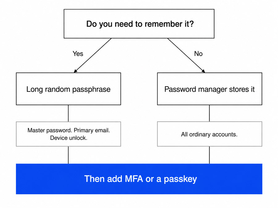 Decision flow showing which passwords to memorize, which to store in a password manager, and adding MFA or a passkey to both.